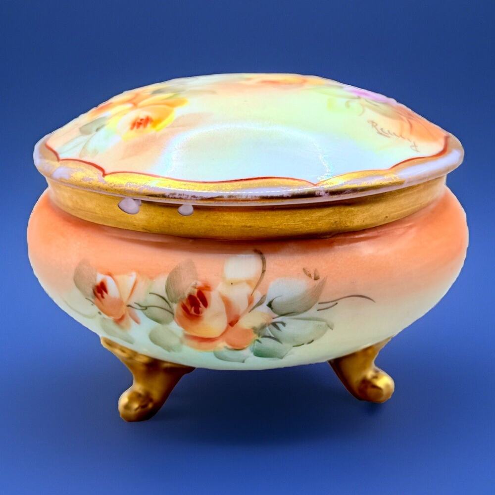 Antique Bavarian Trinket Box Dresser Powder Gold Footed Roses Signed